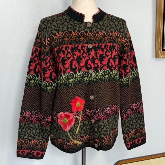 Vtg wool embroidered poppy sweater cardigan - Susan Bristol - Picture 2 of 6